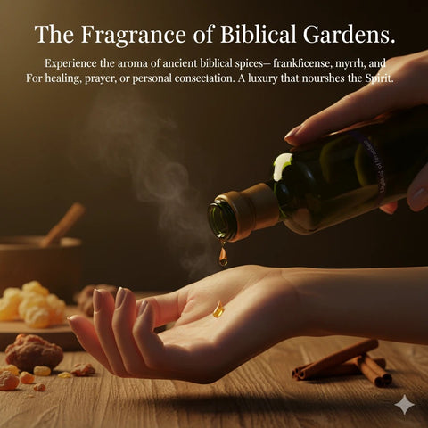 Person pouring oil from a bottle onto a hand with incense and spices on a wooden table.