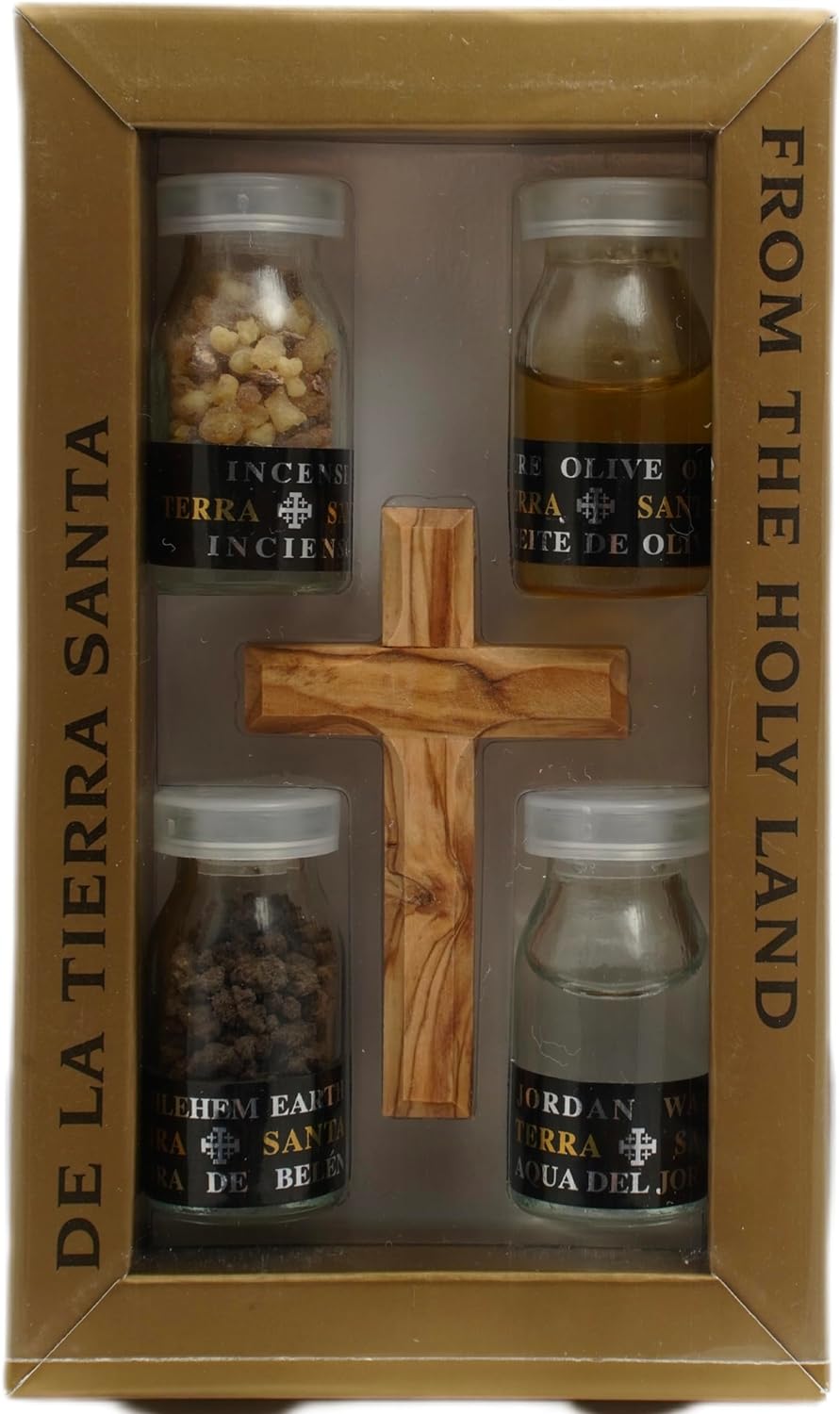 Full Christian gift set with cross, soil, oil, water and incense
