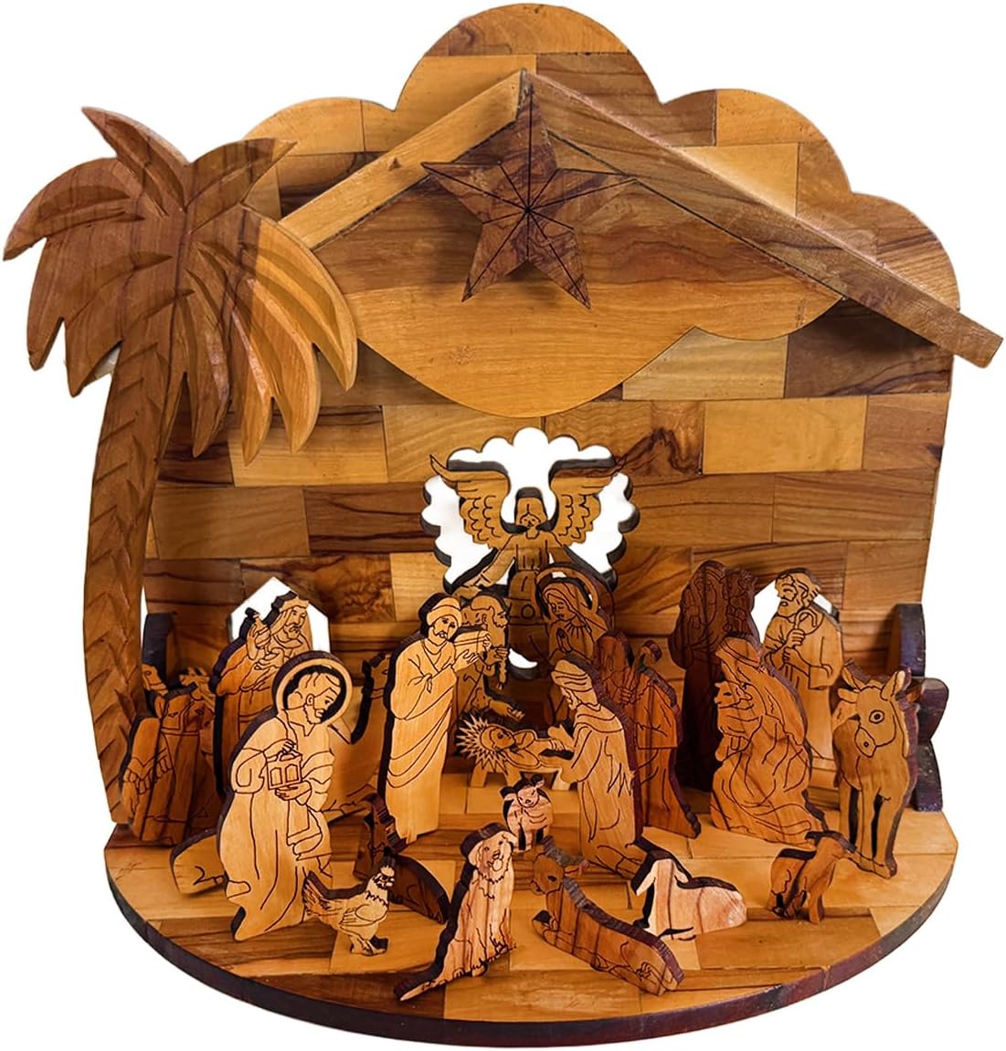 Complete olive wood Nativity set with musical rotating platform
