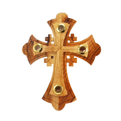 Olive Wood Hanging Wall Cross w/ 4 Relics Jerusalem Decor Christian Gift 21cm/8"