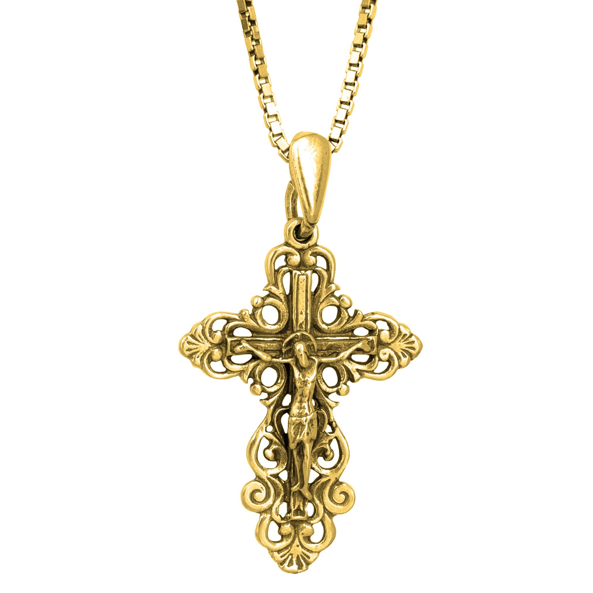 Bail and chain detail of consecrated crucifix necklace