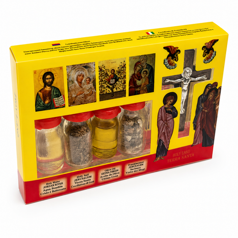 Holy Land Devotional Set with Crucifix, Blessed Oil, Jordan River Water & Soil