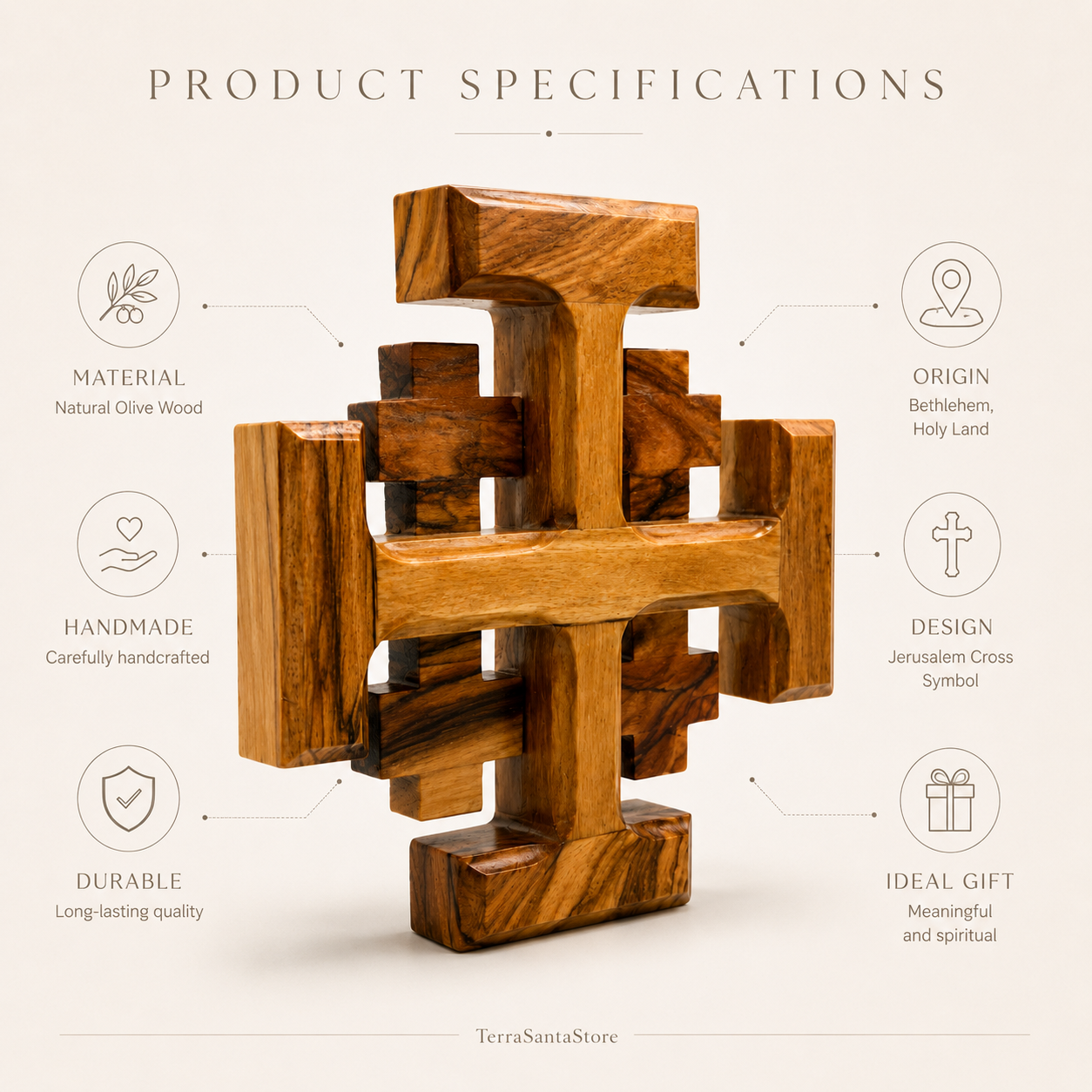 Top-down angle view of the detailed handmade olive wood cross with interlocking pieces
