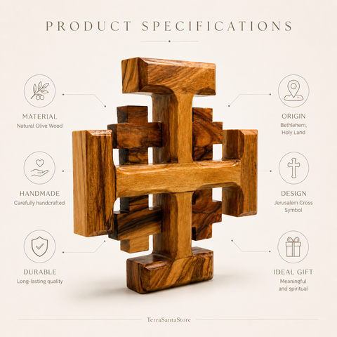Top-down angle view of the detailed handmade olive wood cross with interlocking pieces
