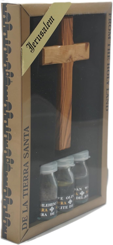 Christian devotional set with soil, oil, and water