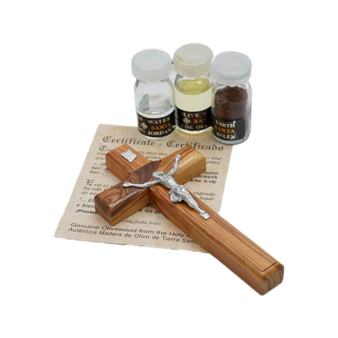 Blessed Christian Set w/ Crucifix, Olive Oil, Holy Water & Bethlehem Soil 8"/20cm