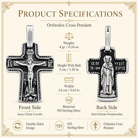Product specifications infographic showing a double-sided 925 sterling silver Orthodox cross pendant with Jesus crucifix front and Saint Nicholas back, 4 g (0.14 oz), 3 cm (1.18 in) high with bail, and 1.6 cm (0.63 in) wide.