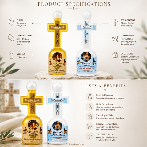 Holy Land Gift Set - Blessed Anointing Oil and Jordan River Water in Cross Bottles