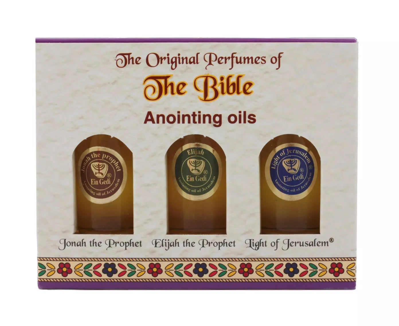 Ein Gedi anointing oil trio set including prophetic oils of Jonah, Elijah, and the Light of Jerusalem — ideal for devotion and sacred use.