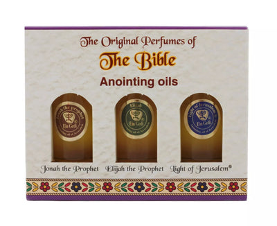 Ein Gedi anointing oil trio set including prophetic oils of Jonah, Elijah, and the Light of Jerusalem — ideal for devotion and sacred use.