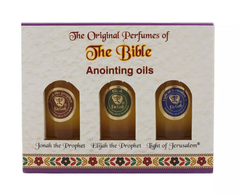Ein Gedi anointing oil trio set including prophetic oils of Jonah, Elijah, and the Light of Jerusalem — ideal for devotion and sacred use.