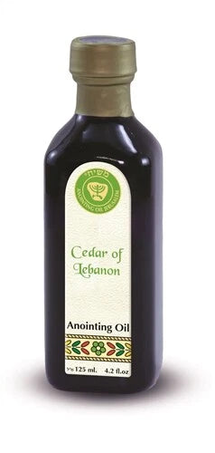Cedar of Lebanon anointing oil in cobalt glass bottle from Ein Gedi for worship and prayer
