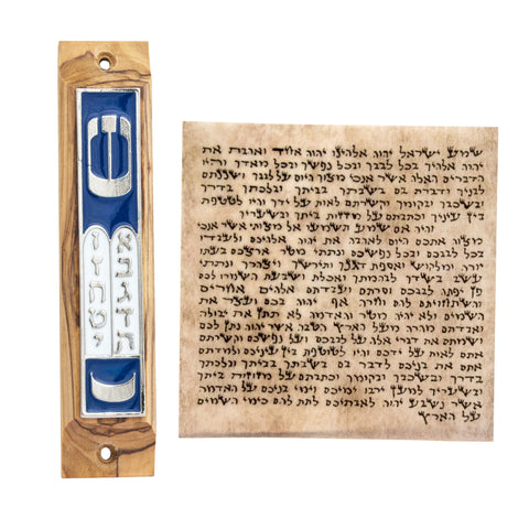 Enameled mezuzah angled side showing olive wood grain