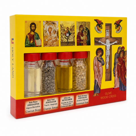 Holy Land Devotional Set with Crucifix, Blessed Oil, Jordan River Water & Soil