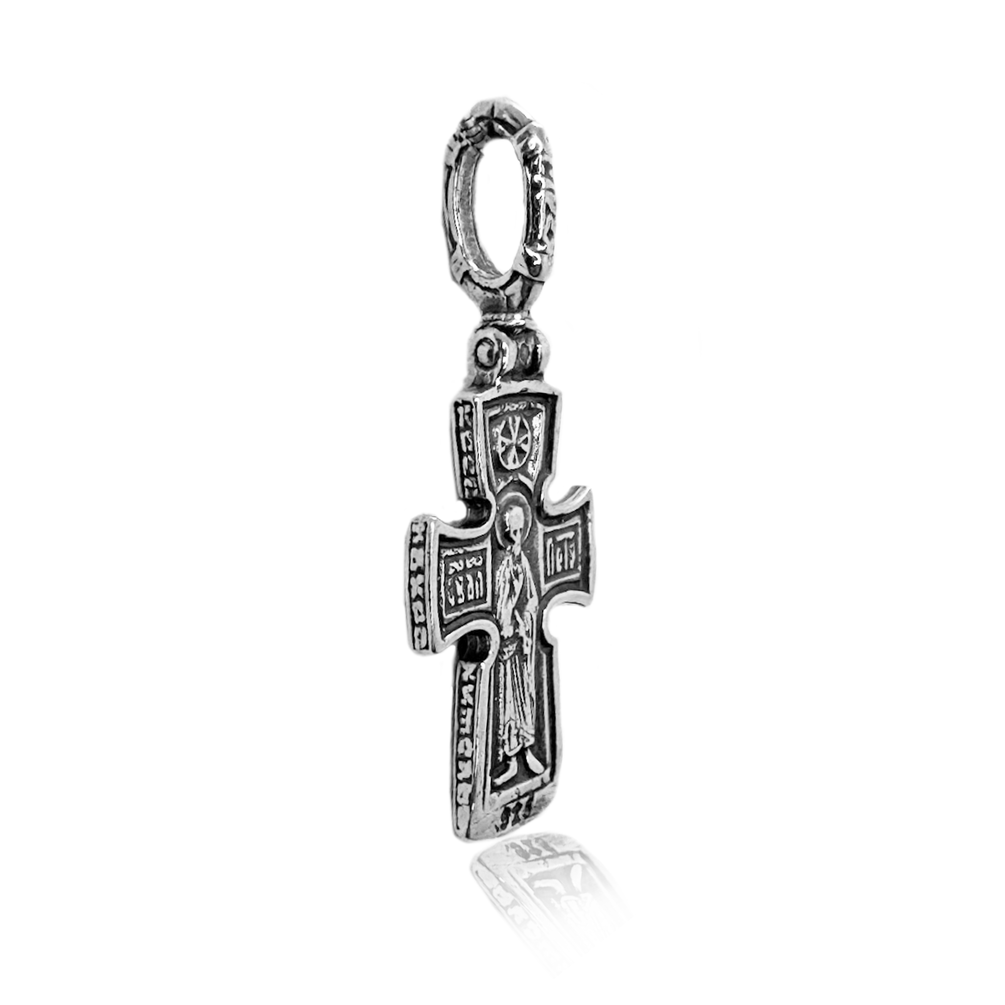 Christian silver cross necklace, double-sided for prayer
