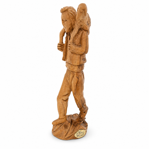 Bethlehem Olive Wood Shepherd with Lamb Figurine for Christian Home Decor