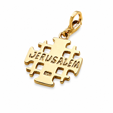 Gold Jerusalem cross pendant on a white background