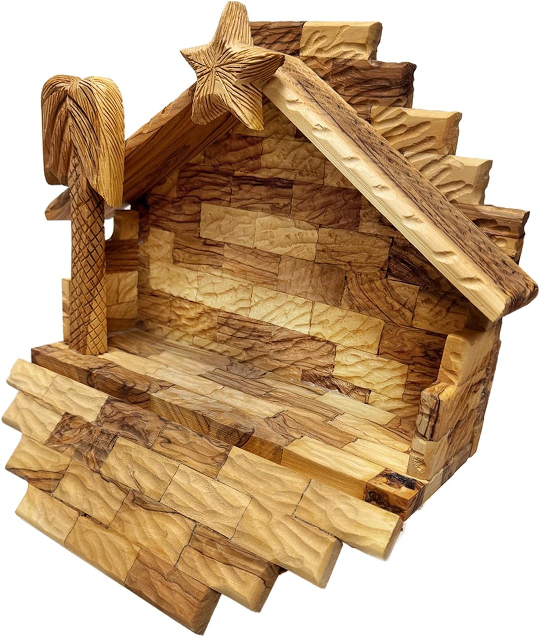 Foldable olive wood Bethlehem stable with carved palm and star
