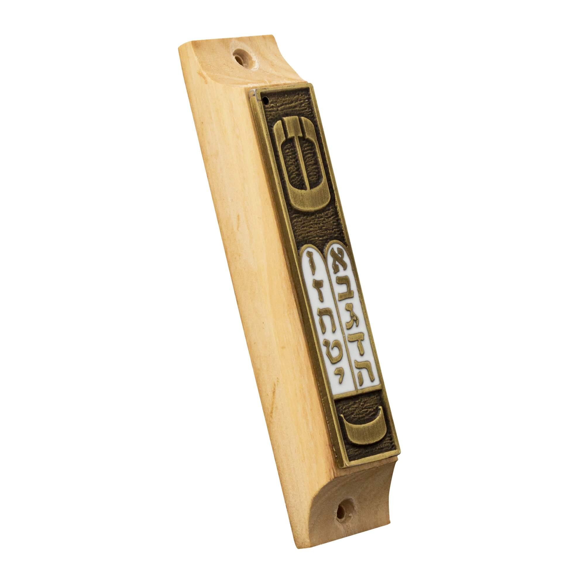 Full mezuzah case with olive wood texture and prayer scroll inside