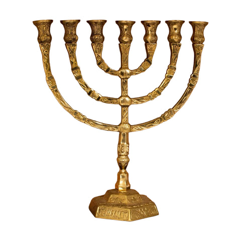 glossy gold seven branch menorah temple replica
