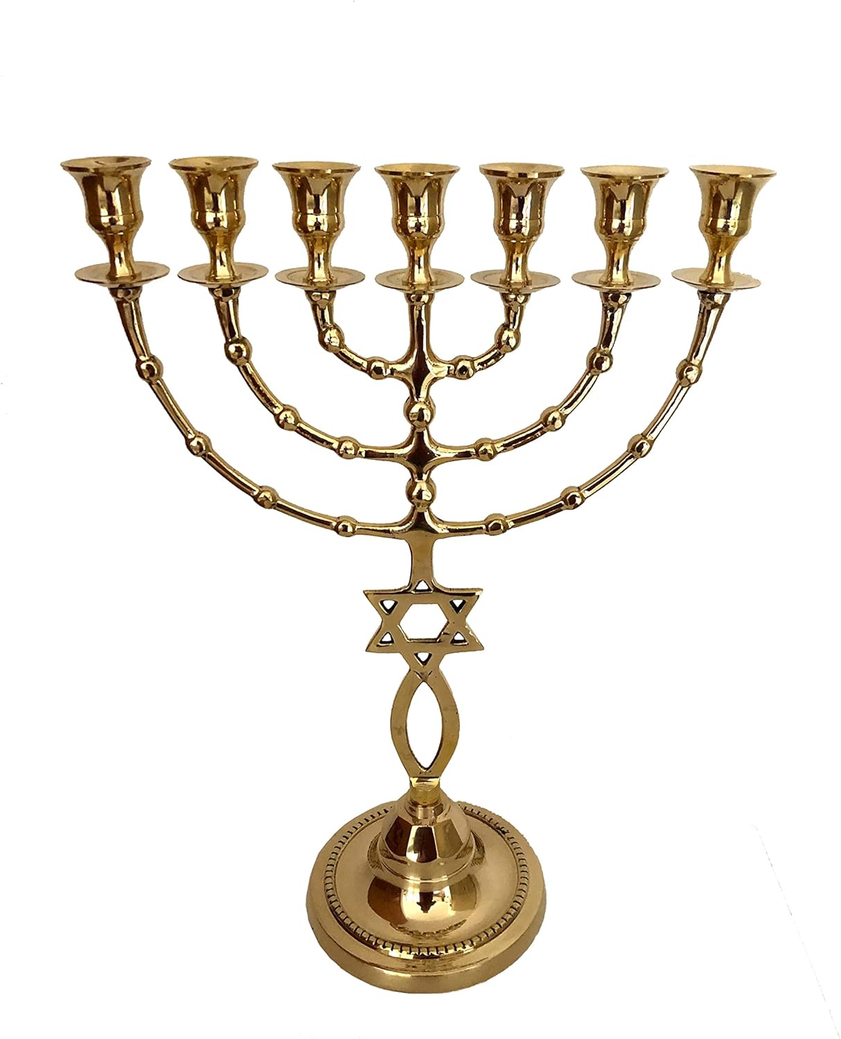 gold color brass menorah with star of david and 12 tribes design
