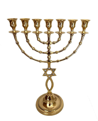 gold color brass menorah with star of david and 12 tribes design
