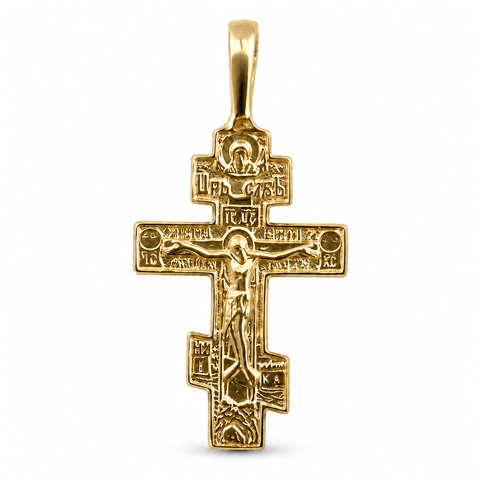 Orthodox Cross Pendant front view with crucifix design, 925 sterling silver base, 18K gold plating, detailed religious engravings, and clean white product background