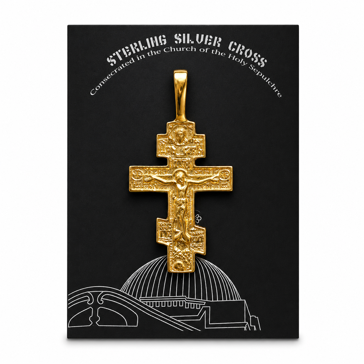 Gold Orthodox Cross Pendant displayed on a Sterling Silver Cross certificate card, consecrated in the Church of the Holy Sepulchre in Jerusalem, with detailed crucifix design and Holy Land devotional jewelry presentation