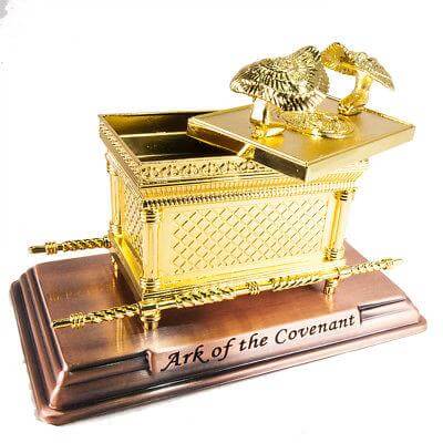 Gold plated Ark of the Covenant with copper stand side view
