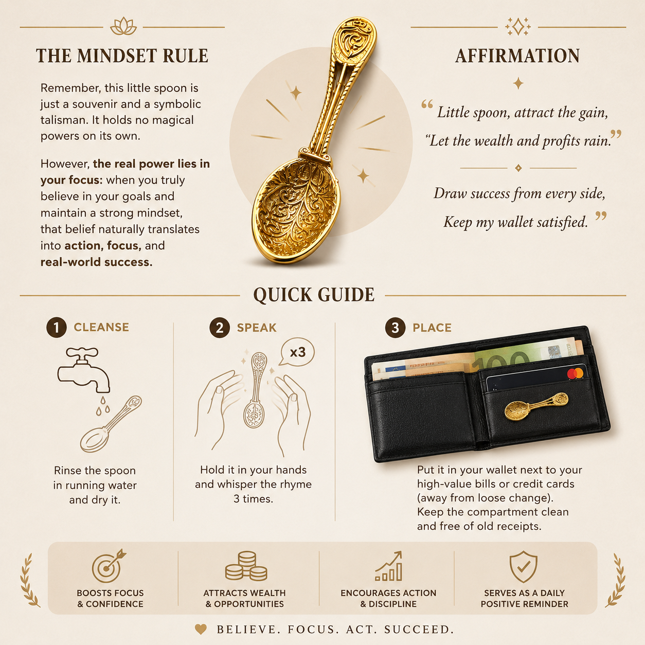 Gold plated sterling silver wallet spoon amulet photographed as a symbolic prosperity keepsake