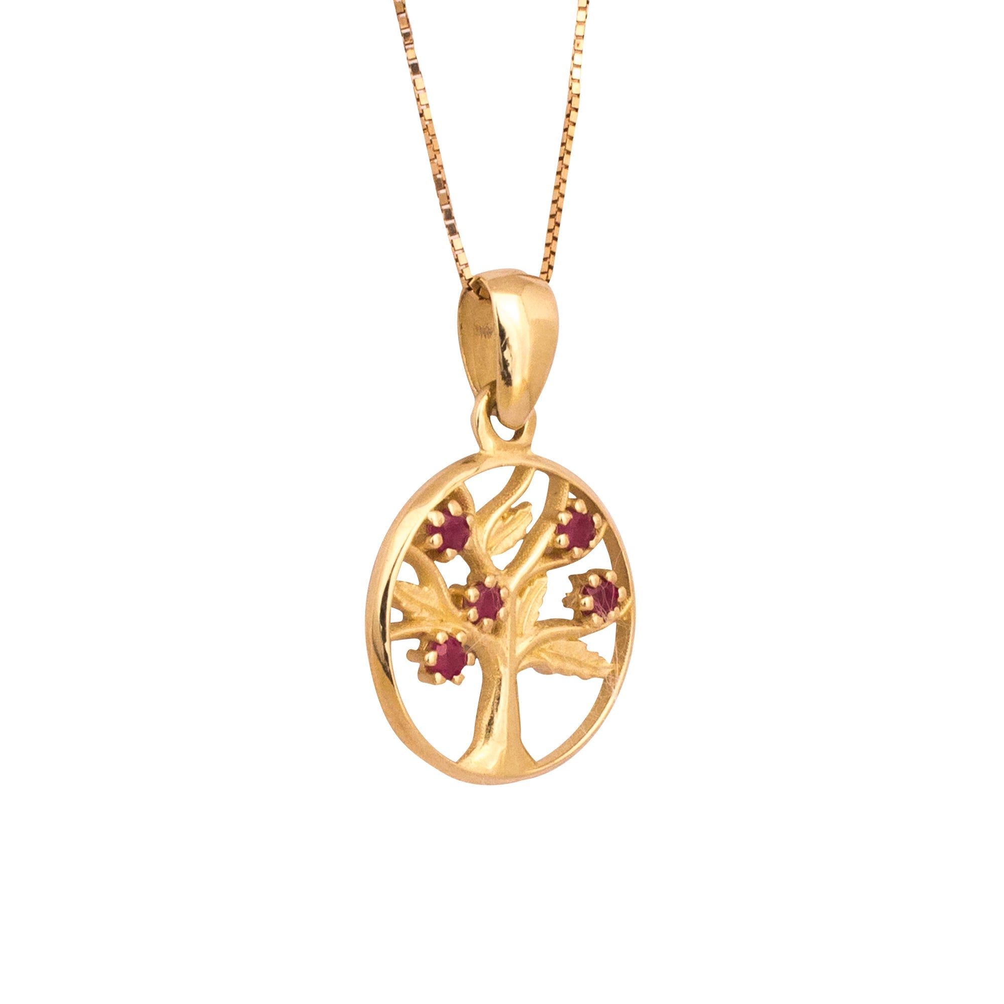 front view 14k gold tree of life pendant with natural garnet
