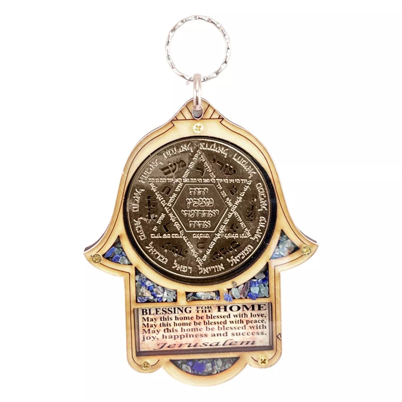 Intricate wood grain detail on handmade Hamsa evil eye wall hanging