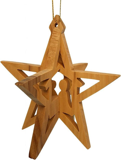 Hand-carved olive wood 3D star ornament with Nativity cutout
