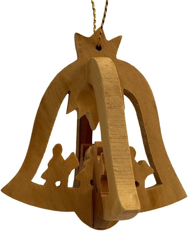 Hand-carved olive wood bell ornament with Holy Family cutout
