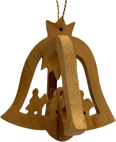 Hand-carved olive wood bell ornament with Holy Family cutout
