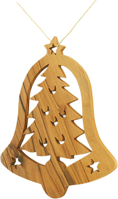 Hand-carved olive wood bell ornament with Christmas tree cutout
