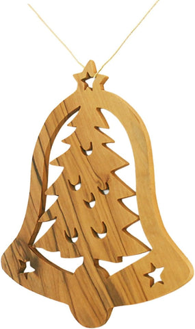 Hand-carved olive wood bell ornament with Christmas tree cutout
