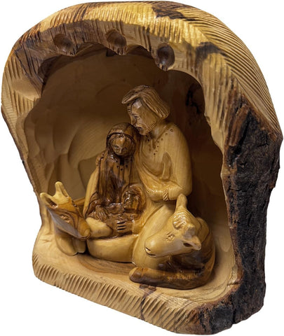 Hand-carved olive wood Holy Family grotto with natural bark
