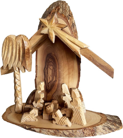 Hand-carved olive wood Holy Family nativity on bark base

