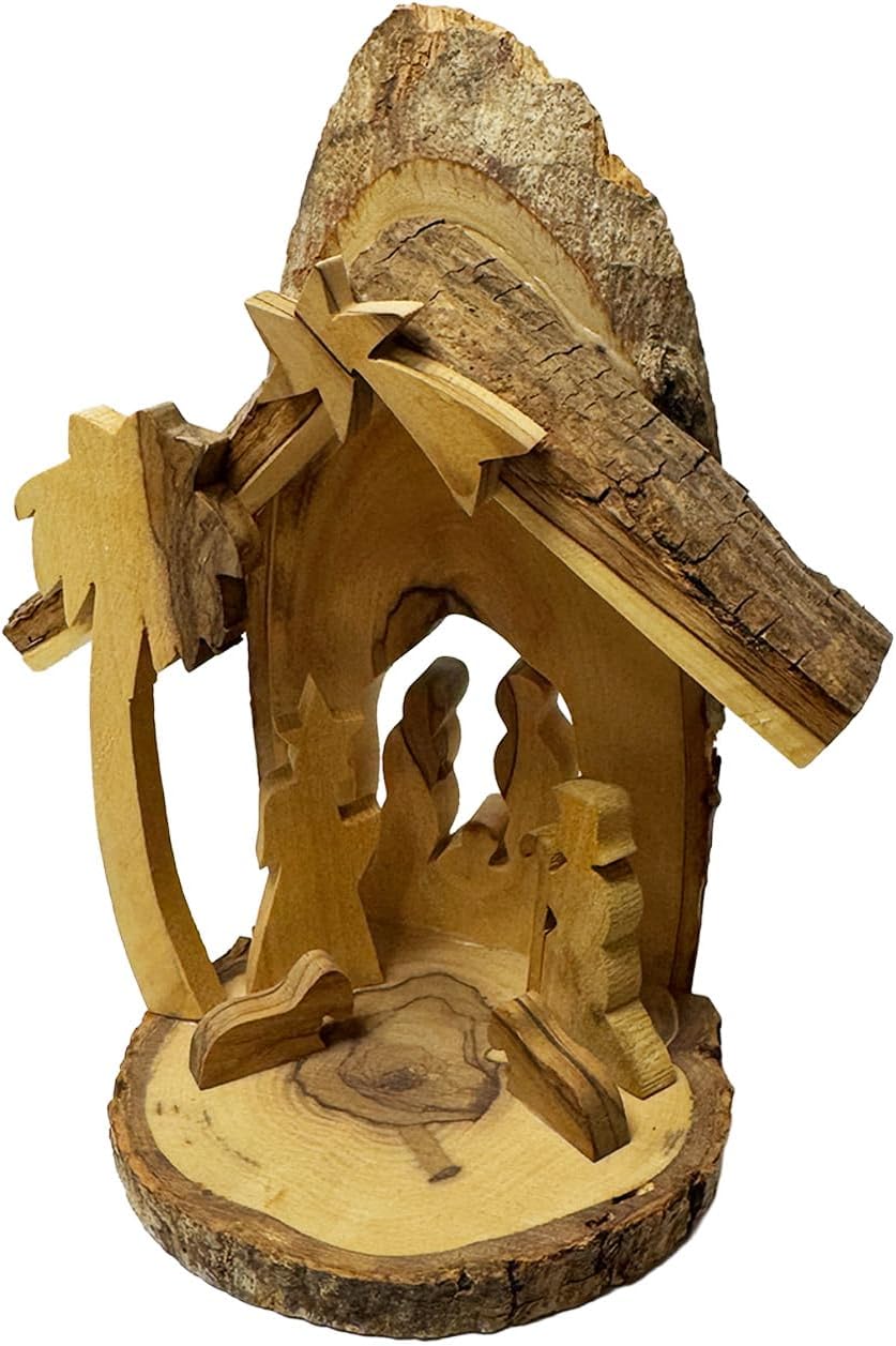 Bethlehem olive wood Holy Family scene with rustic tree-bark base