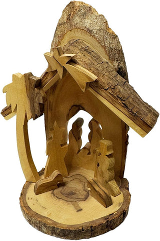 Bethlehem olive wood Holy Family scene with rustic tree-bark base