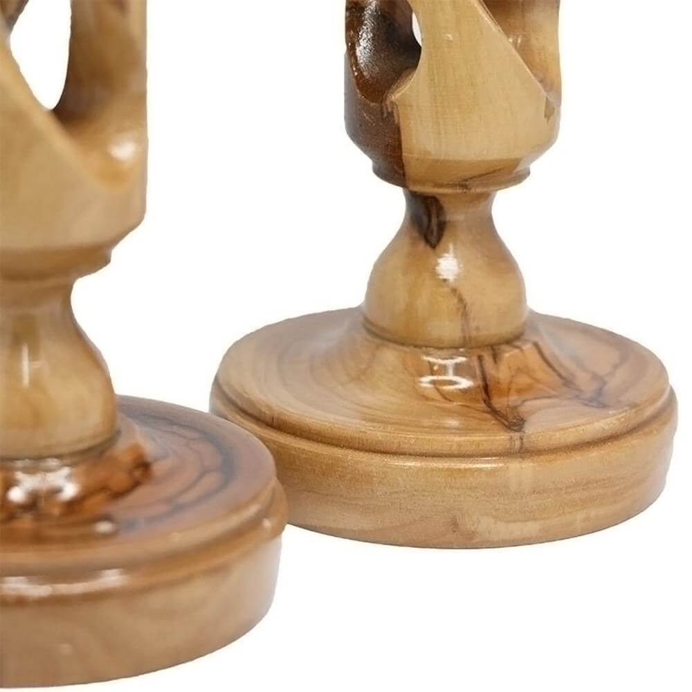 Side angle of handmade olive wood candle holders from Holy Land