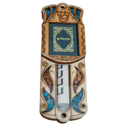 Angled front of wooden mezuzah with decorative stones from Israel
