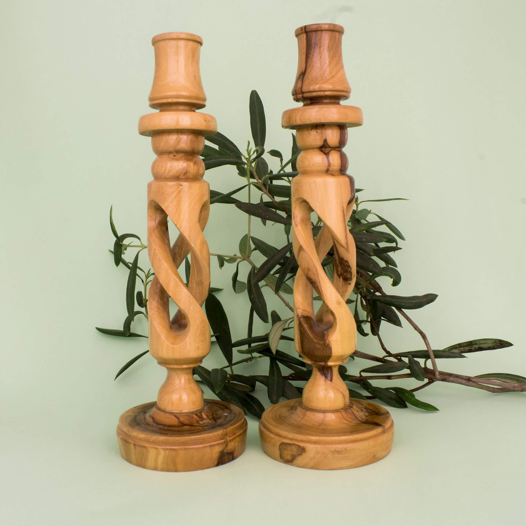 Olive wood candle holders angled perspective Bethlehem design