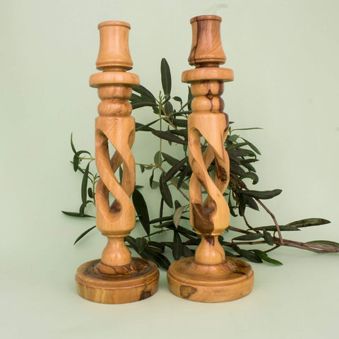 Olive wood candle holders angled perspective Bethlehem design