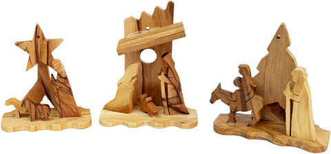 Handmade olive wood Nativity set featuring simple carved silhouettes
