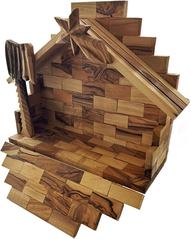 Handmade olive wood Nativity stable with carved star and palm tree
