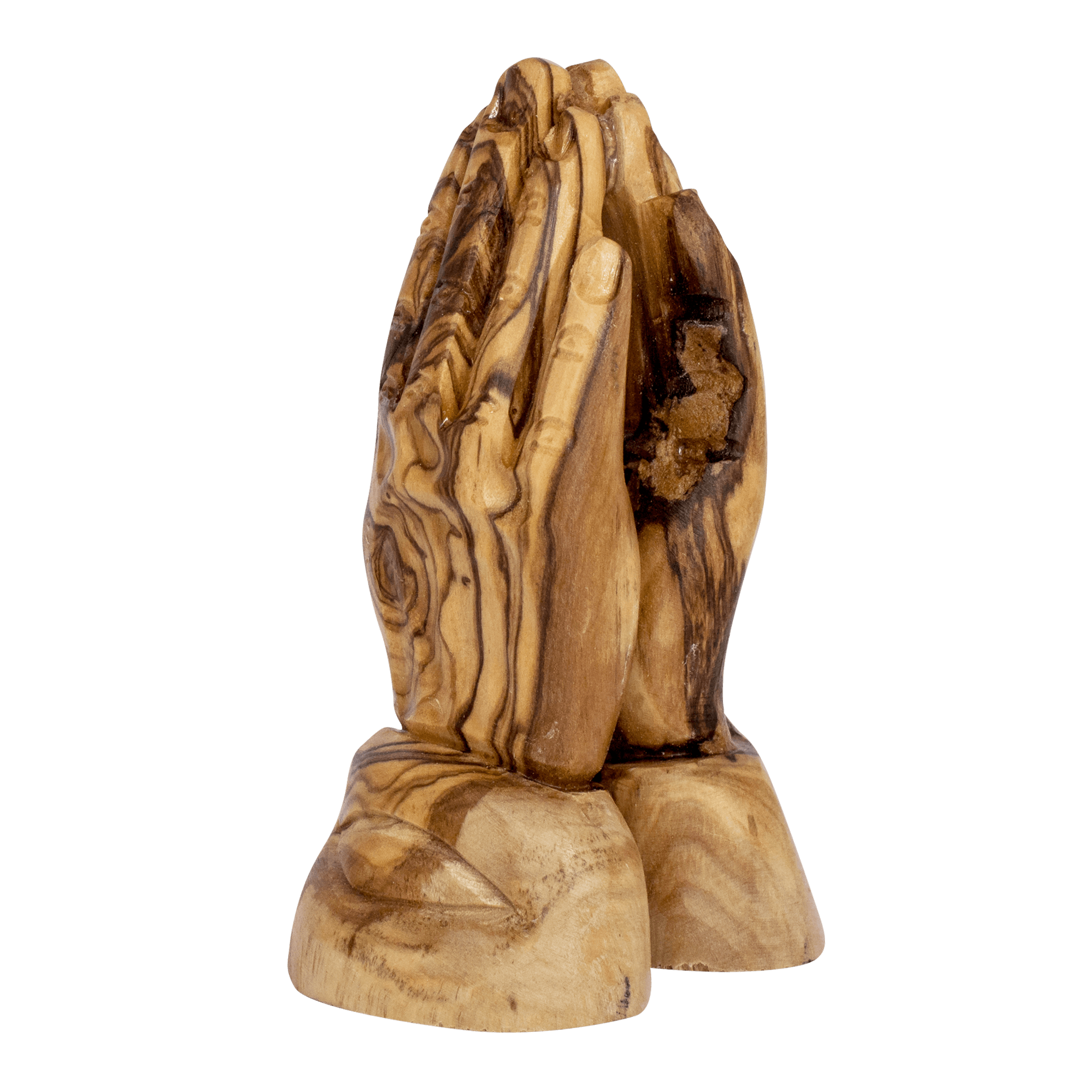 Base detail of handmade olive wood praying hands sculpture from Bethlehem