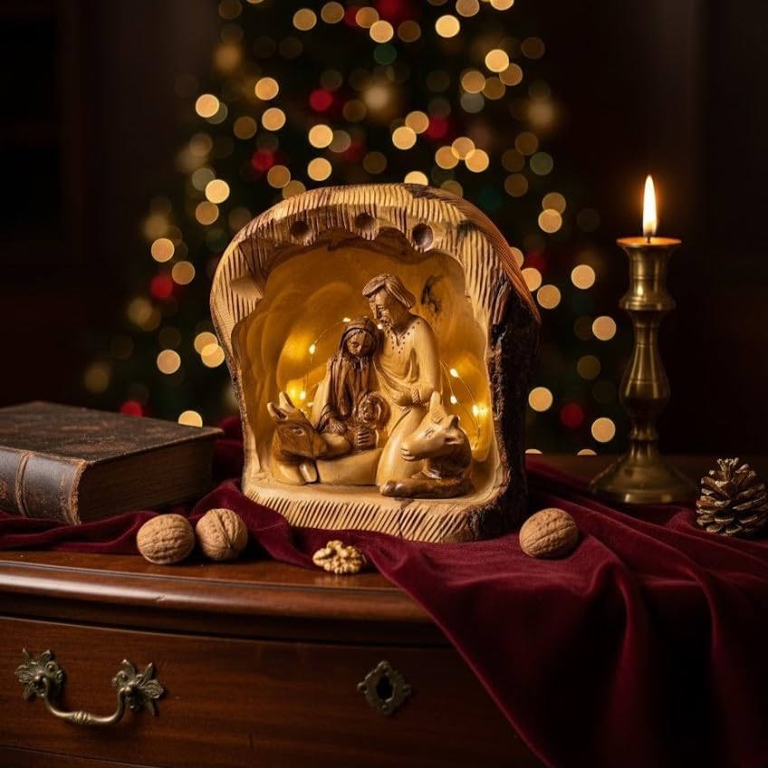 Holy Land bark cave Nativity scene with carved Holy Family
