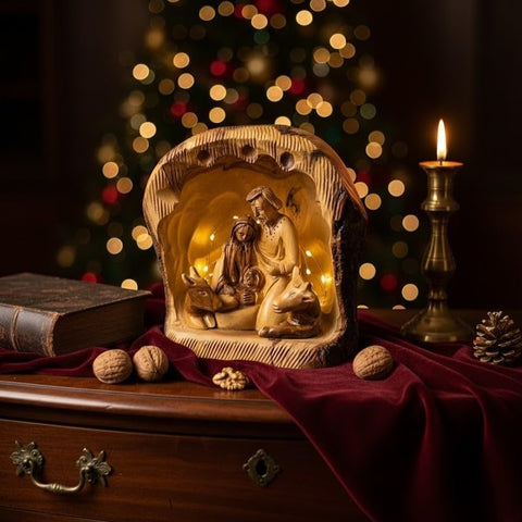 Holy Land bark cave Nativity scene with carved Holy Family
